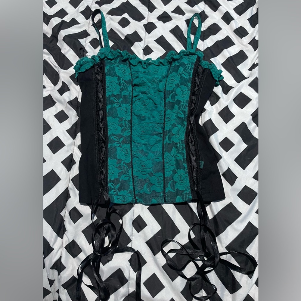VTG Tripp NYC Green Floral Lace Corset Size Large Zip Up Back Goth Punk